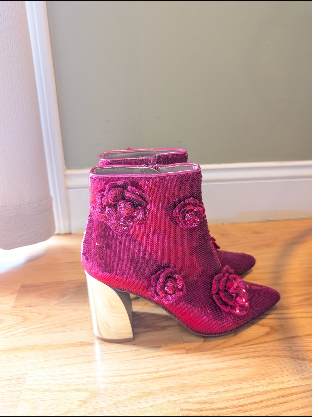 Betsey Johnson Hot Pink Sequin Floral Ankle Boots - Picture 3 of 4